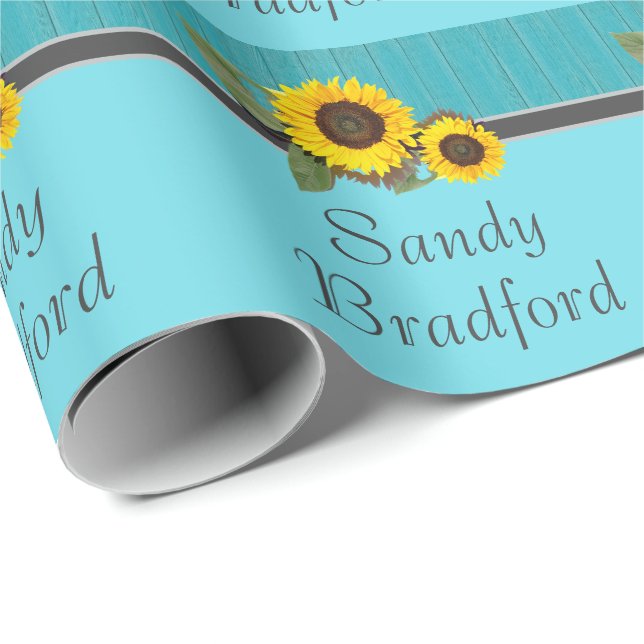 Papel De Regalo Rústico Boda Girasol Verde azulado Madera Gris Str (Esquina del rollo)