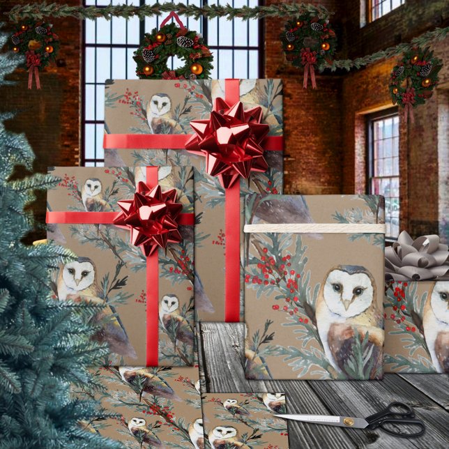 Papel De Regalo Rústico Kraft Barn Lechuzas En Un Bosque De Árbole (Rustic Kraft Barn Owls In A Juniper Tree Woodland Christmas Holiday Gift Wrapping Paper Rolls)