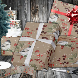 Papel De Regalo Rústico Kraft Black Cap Chickadee Birds & Berries