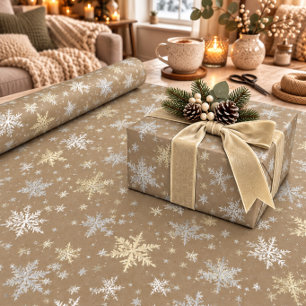 Papel De Regalo Rústico Kraft Blanco Plata Dorado Copos de Nieve