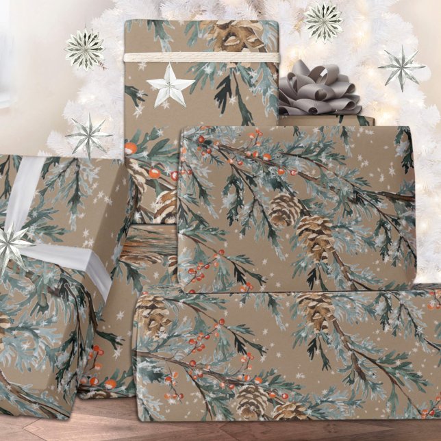Papel De Regalo Rústico Kraft Blue Juniper Brands Cones & Berries (Blue Juniper Branches Cones & Red Berries Holiday Christmas Kraft Wrapping Paper Rolls)