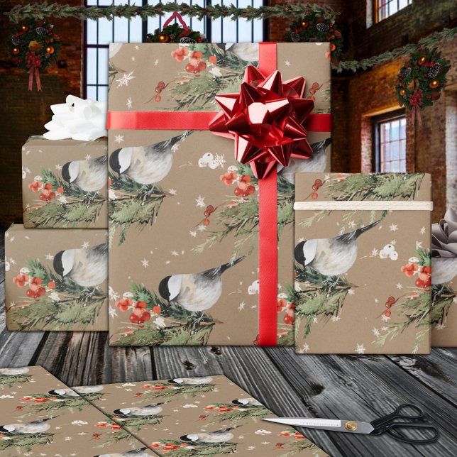 Papel De Regalo Rústico Kraft Chickadees Spruce Sprigs Red Berries (Rustic Kraft Chickadees Spruce Sprigs Red Berries Christmas Holiday Gift Wrapping Paper Rolls)