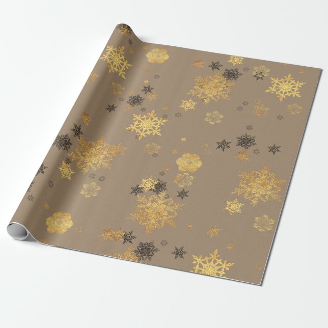 Papel De Regalo Rústico Kraft Elegant Copos de nieve de oro (Desenrollado)
