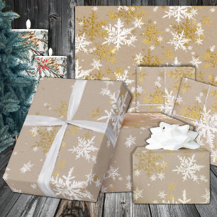 Papel De Regalo Rústico Kraft Gold y Copos de nieve blancos