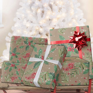 Papel De Regalo Rústico Kraft Green Holly Berries & Spruce Brands