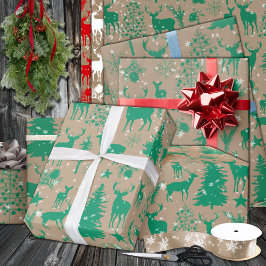 Papel De Regalo Rústico Kraft Green Woodland Forest Reindeer