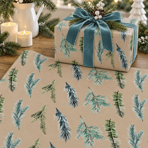 Papel De Regalo Rústico Kraft Invierno Verde Ramas de Abeto Azul