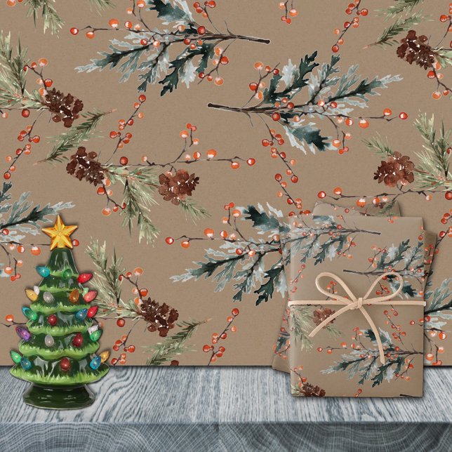 Papel De Regalo Rústico Kraft Mixed Spruce Cones Pinos Rojos Berri (Rustic Kraft Juniper Pine Cones Ilex Berries Christmas Holiday Gift Wrapping Paper Rolls)