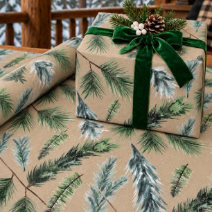 Papel De Regalo Rústico Kraft Pino Blanco y Ramitas de Abeto Azul