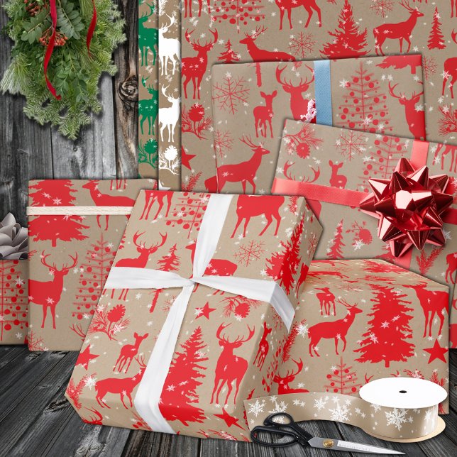 Papel De Regalo Rústico Kraft Red Woodland Forest Reindes (Rustic Kraft Red Woodland Forest Reindeer Wrapping Paper in 6 & 15 foot long 30 inch rolls)