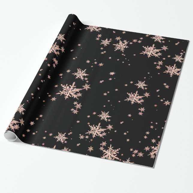 Papel De Regalo Rústico Kraft Rubor Pink Gold Snowflakes Black (Desenrollado)