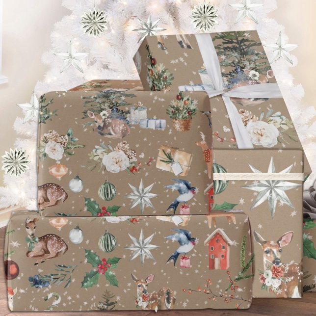 Papel De Regalo Rústico Kraft Snowy Reindeer y todo Navidad (Rustic Kraft Snowy Reindeer Everything Christmas Holiday Wrapping Paper Roll)