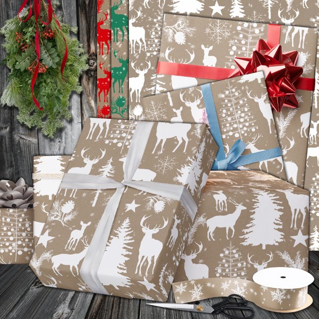 Papel De Regalo Rústico Kraft White Woodland Forest Reindeer (Rustic Kraft White Woodland Forest Reindeer Wrapping Paper In 6 & 15 foot long 30 inch rolls)
