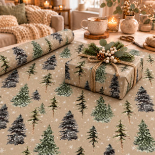 Papel De Regalo Rústico Kraft Winter Woodland Snowy Spruce Treys