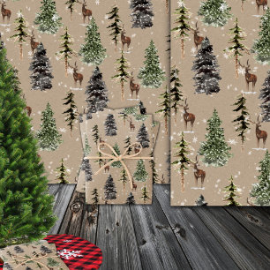 Papel De Regalo Rústico Kraft Winter Woodland Spruce Trees & Deer
