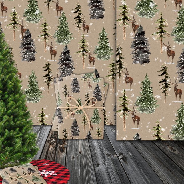 Papel De Regalo Rústico Kraft Winter Woodland Spruce Trees & Deer (Rustic Kraft Winter Woodland 
Spruce Trees & Deer Christmas Holiday Wrapping Paper Rolls)