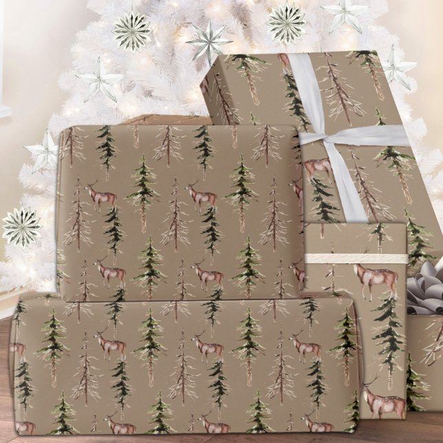 Papel De Regalo Rústico Kraft Woodland Sparse Selva de reno (Rustic Kraft Woodland Sparse Forest Stag Reindeer Christmas Holiday Wrapping Paper Rolls)