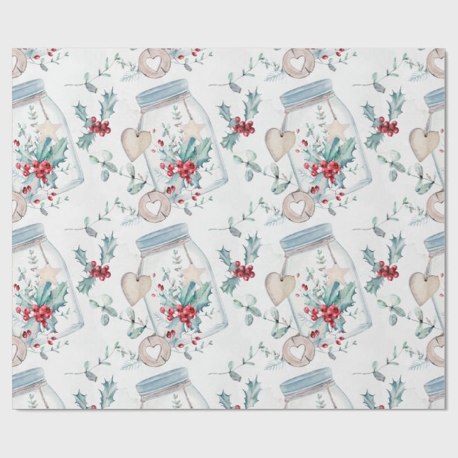 Papel De Regalo Rústico Mason Jars Holly Hearts Navidades (Superficie plana)