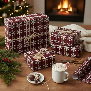 Papel De Regalo Rústico Navidades de copos de nieve rojos y negros