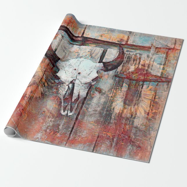 Papel De Regalo Rústico Western Rust Brown Bull Skull Sunflowers (Desenrollado)