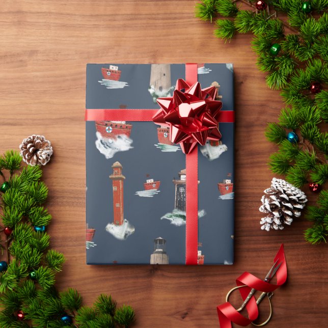 Papel De Regalo Rústicos Faros Rojos Y Barcos En Mares Tormentosos (Regalo de vacaciones)