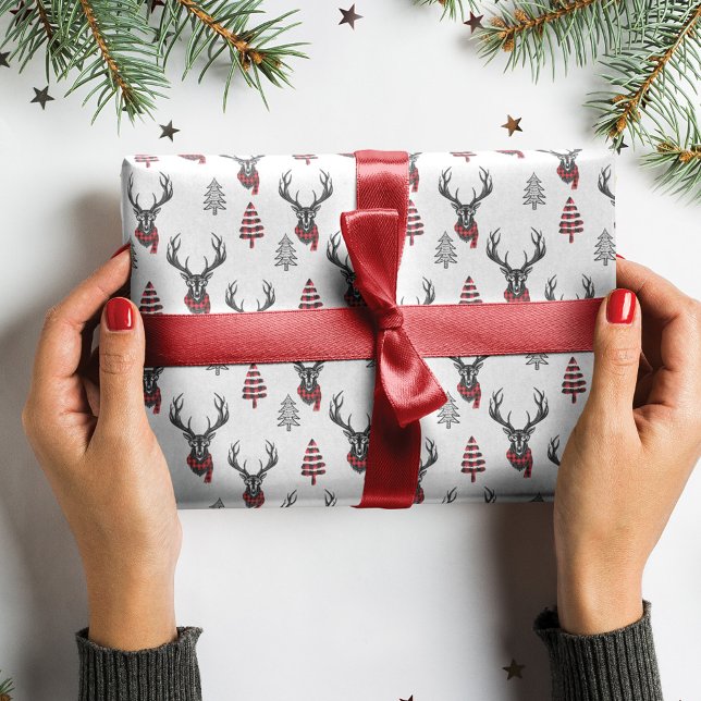 Papel De Regalo Rústicos Navidades Red Búfalo Pavido Reno (Rustic Christmas Red Buffalo Plaid Reindeer Wrapping Paper)