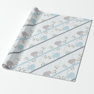 Papel De Regalo Safari de elefante de franja azul y gris   BABY SH