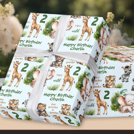 Papel De Regalo Safari Jungle Animales Blue Green Segundo Nacimien