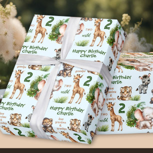 Papel De Regalo Safari Jungle Animales Blue Green Segundo Nacimien