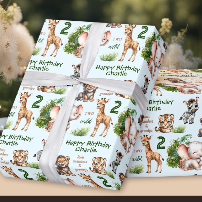 Papel De Regalo Safari Jungle Animales Blue Green Segundo Nacimien (Safari Jungle Animals Blue Green 2nd Birthday Name Wrapping Paper)