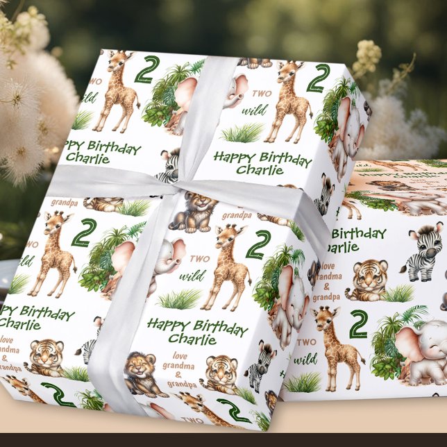 Papel De Regalo Safari Jungle Animals Dos Wild 2º Nacimiento (Safari Jungle Animals Two Wild 2nd Birthday Name Wrapping Paper)