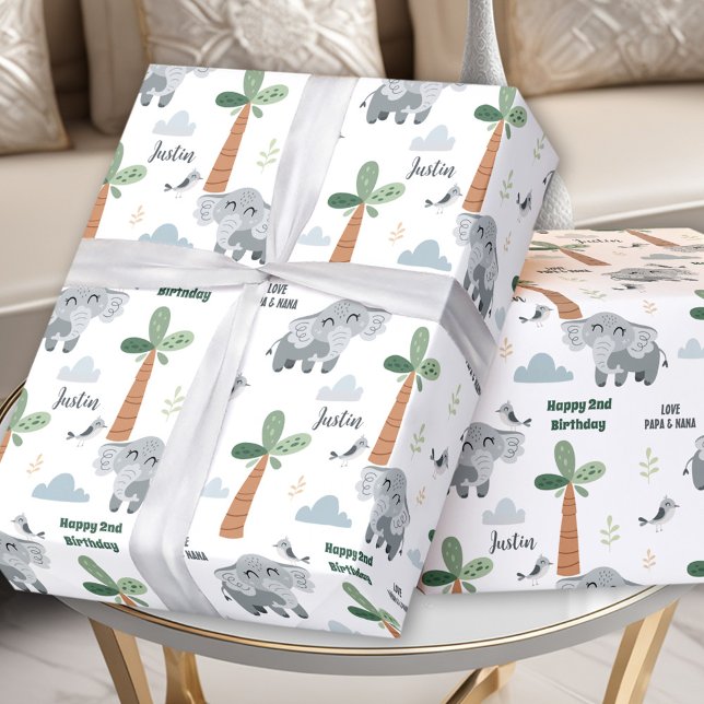 Papel De Regalo Safari ZOO Animales Cute Elefante Nombre de Cumple (Safari ZOO Animals Cute Elephant Boy Birthday Name Wrapping Paper)