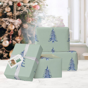 Papel De Regalo Sage Blue Pagoda Christmas Tree Pattern Wraping