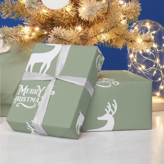 Papel De Regalo Sage Green Merry Christmas Deer  (Vacaciones)