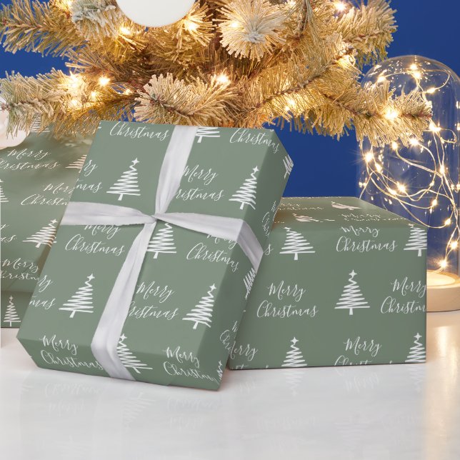 Papel De Regalo Sage Green Merry Christmas White Christmas Tree (Vacaciones)