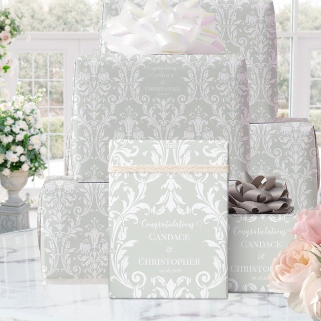 Papel De Regalo Sage Green White Damask Añadir nombre y felicitaci (Subido por el creador)