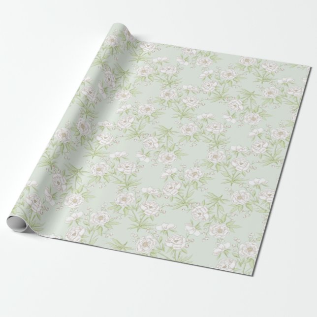 Papel De Regalo Sage Green White Rose Wedding (Desenrollado)