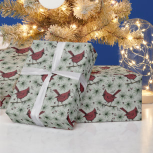 Papel De Regalo Sage Green Winter Red Cardinal Pattern