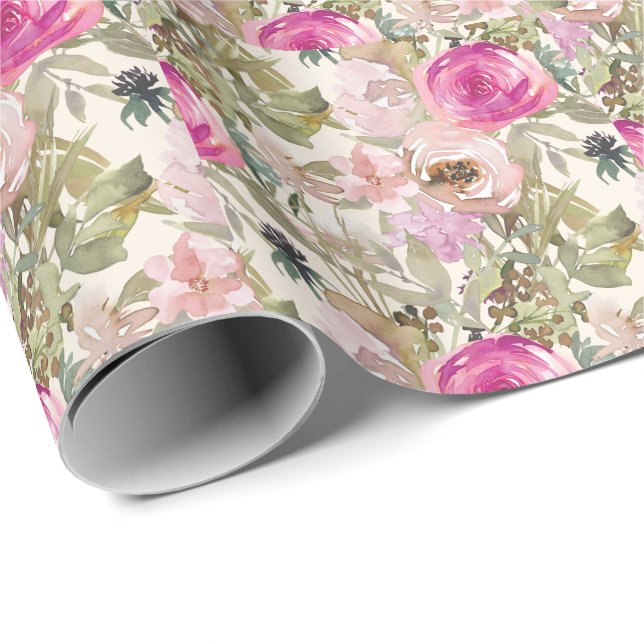 Papel De Regalo Sage Verde Hojas Florales Rosadas  (Esquina del rollo)