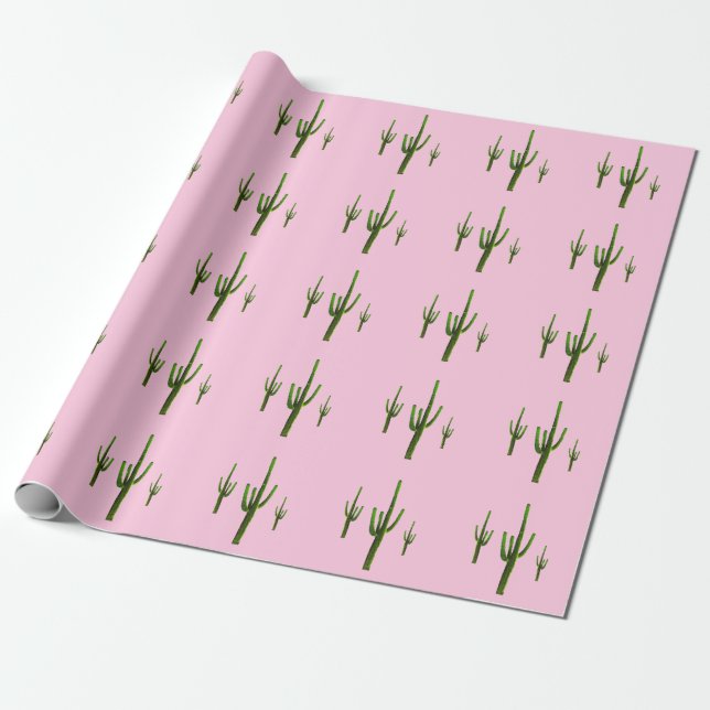 Papel De Regalo Saguaro Cactus Patrón Verde Desierto Rosa (Desenrollado)