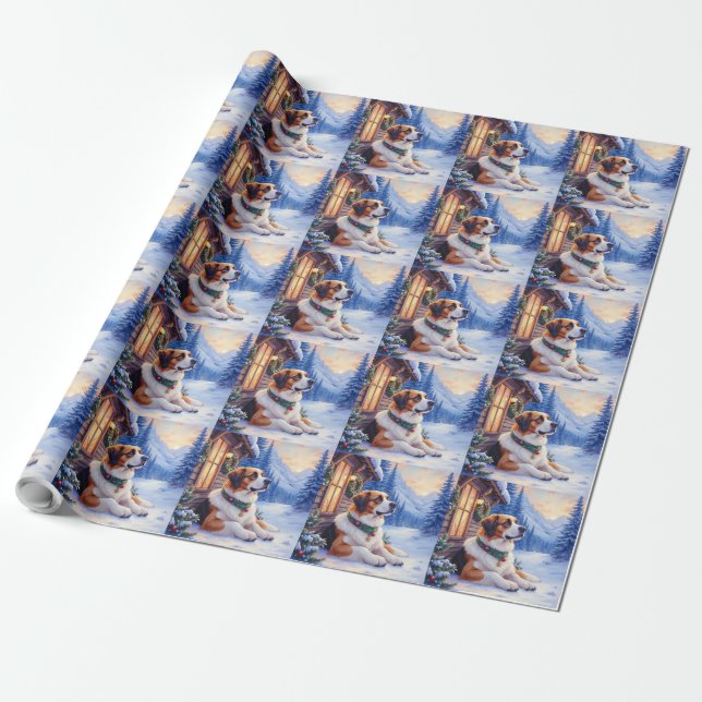 Papel De Regalo Saint Bernard Snowy Mountain Lodge Christmas Dog (Desenrollado)