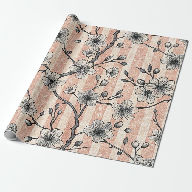 Papel De Regalo Sakura con flores de cerezo elegante - rosa y blan (Desenrollado)