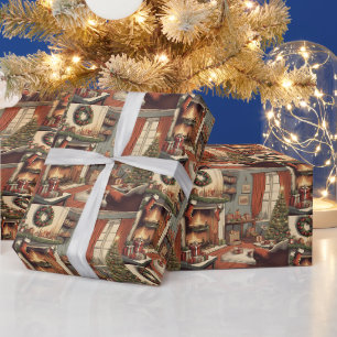 Papel De Regalo Sala de estar retro de Navidad con árbol de Navida