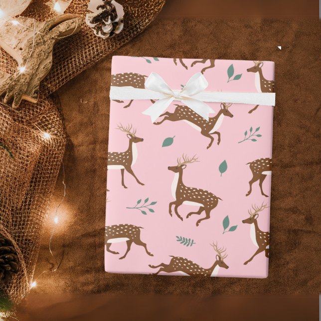 Papel De Regalo Salto rosado de ciervos y hojas (Pink Jumping Deer and leaves Wrapping Paper)