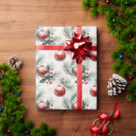 Papel De Regalo Saltos de navidades y bolas rojas<br><div class="desc">Hermosas hojas de Navidades verdes y bolas de decoración rojas en este papel envolvente</div>