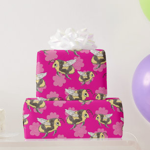 Papel De Regalo Salva las abejas sobre un fondo floral rosa