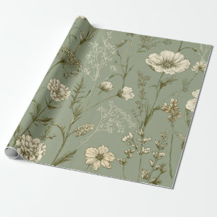 Papel De Regalo Salvia Rústica Verde Botánico Floral Vintage Atrev