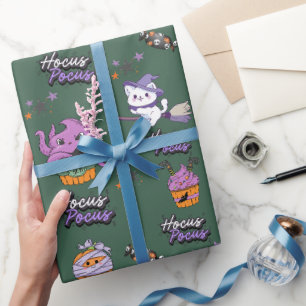 Papel De Regalo salvia verde Hocus Pocus lindo Gato Bruja Hallowee