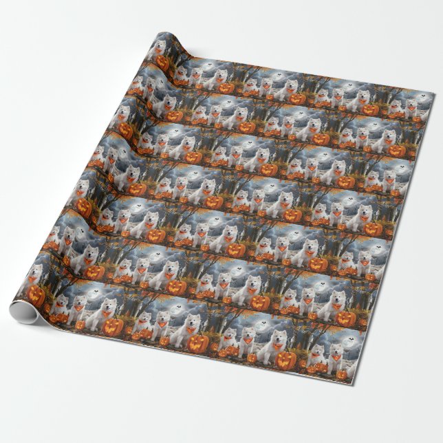 Papel De Regalo Samoyed Halloween Espeluznante (Desenrollado)
