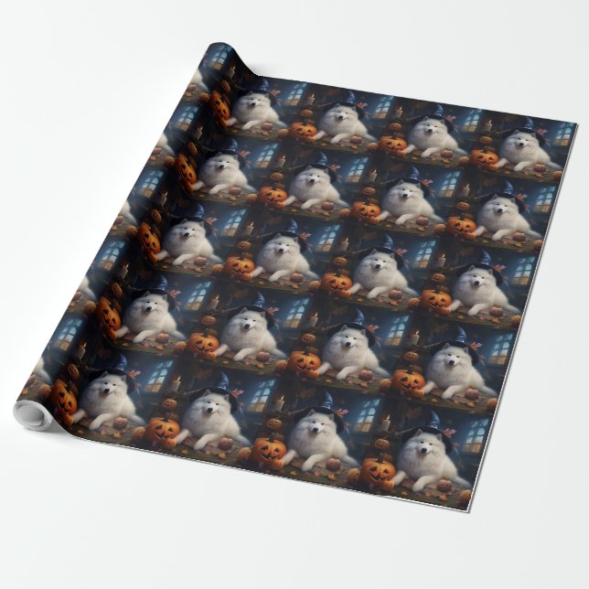 Papel De Regalo Samoyed Pumpkins Halloween Scary (Desenrollado)